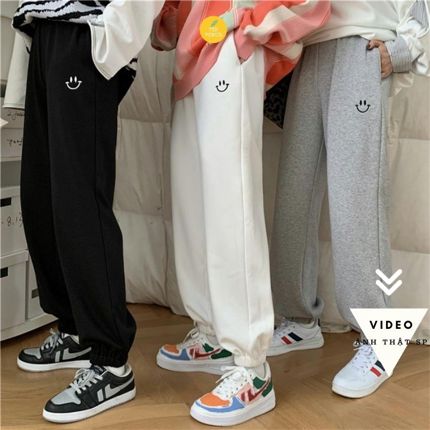 Quần Jogger Nỉ Nữ Thêu Mặt Cười Quần Ống Rộng Bo Gấu Chất Nỉ Dày Dặn Tep Venus