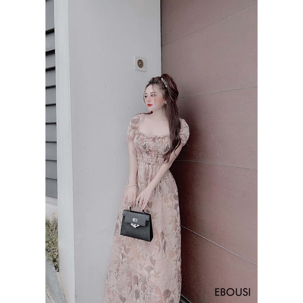 Đầm Maxi Hoa Cổ Vuông, Tay Ngắn Phồng, Nhún Ngực Chun Eo Ren Bèo, Dán suông (ECH012) - Vải Voan - 3 Màu Xanh, Hồng, Nude | BigBuy360 - bigbuy360.vn