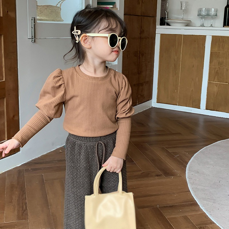 Áo Thun Cotton Tay Phồng Họa Tiết Sọc Thời Trang Mùa Thu Hàn Quốc Dành Cho Bé Gái