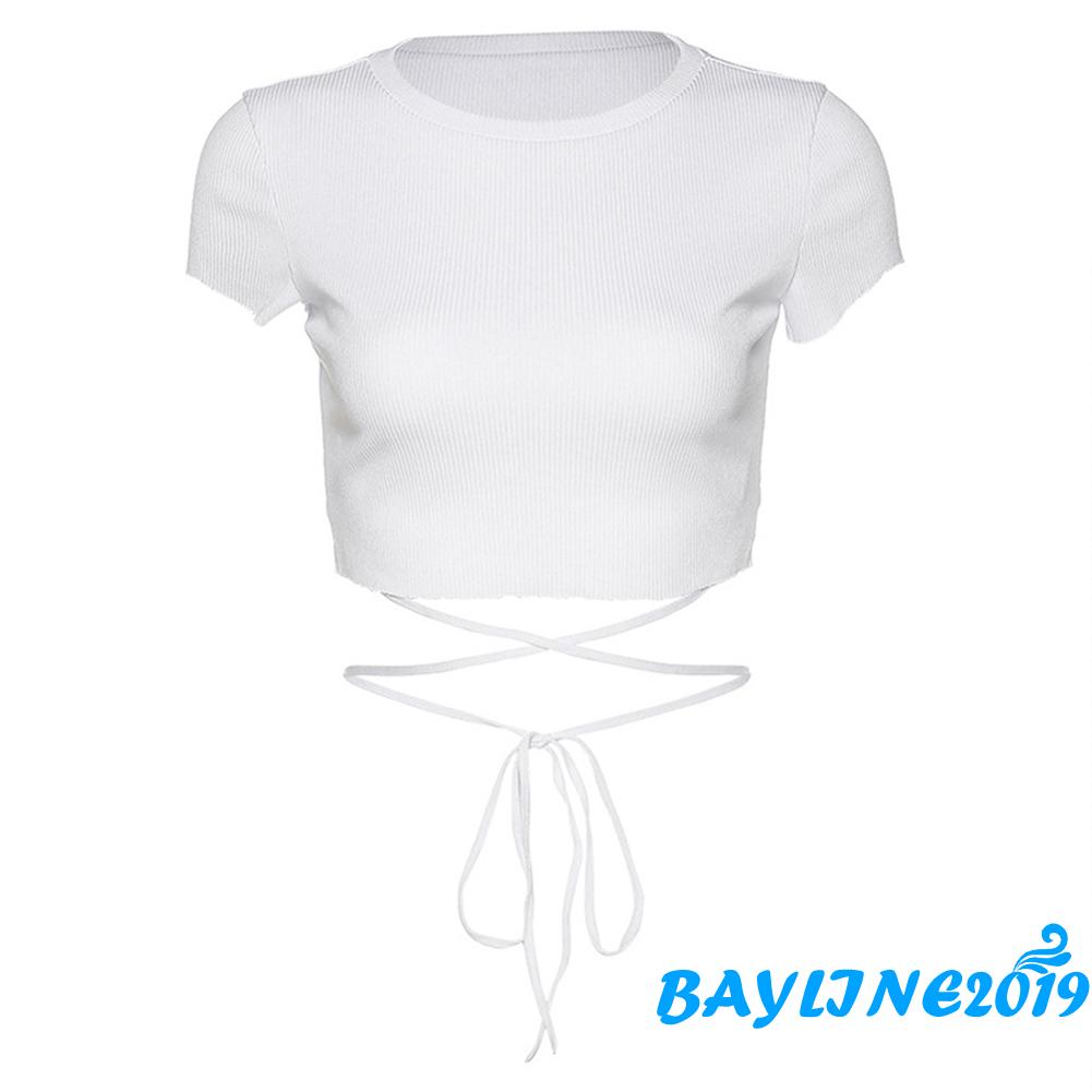 Áo Croptop Dệt Kim Tay Ngắn Thiết Kế Dây Đan Chéo Quyến Rũ