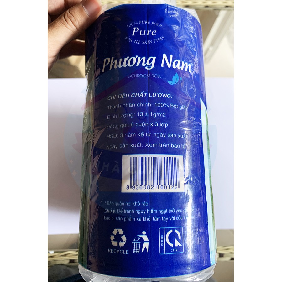 Lốc 6 cuộn giấy vệ sinh 3 lớp cao cấp Phương Nam, Hàng Việt Nam chất lượng cao, hàng có lõi, dai, mềm mịn, trắng dễ chịu