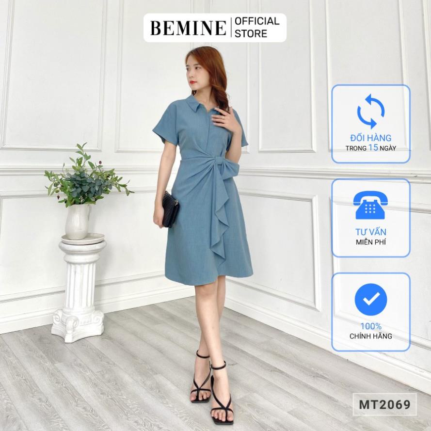 Đầm dáng xòe nữ thiết kế cổ sơ mi nhún eo đính nơ kiểu dáng thanh lịch BEMINE MT2069XANH -KLH)(