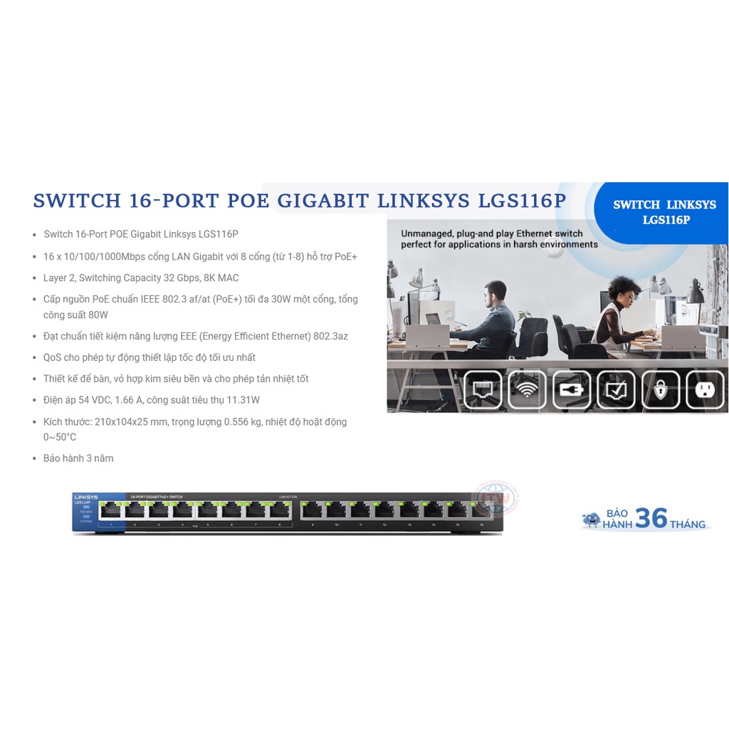 Switch 16Port POE+ Gigabit Linksys LGS116P Layer 2, Switching Capacity 32 Gbps, 8K MAC