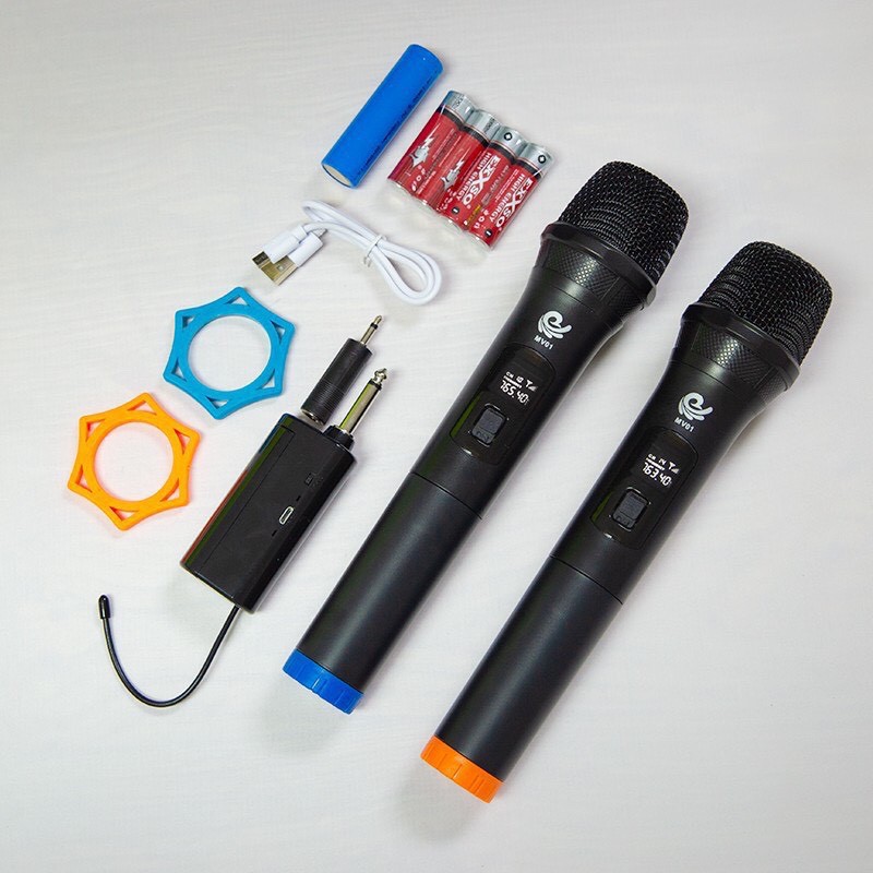 [TẶNG ĐỒNG HỒ- BẢO HÀNH 12 THÁNG] Combo 2 chiếc Micro không dây cao cấp MV 01 hát KARAOKE dùng cho mọi loa kéo