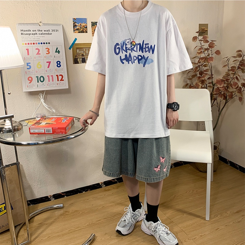 Áo Thun Tay Ngắn Cổ Tròn Dáng Rộng In Hình Gấu Và Chữ Thời Trang Cho Nam Size M-5XL