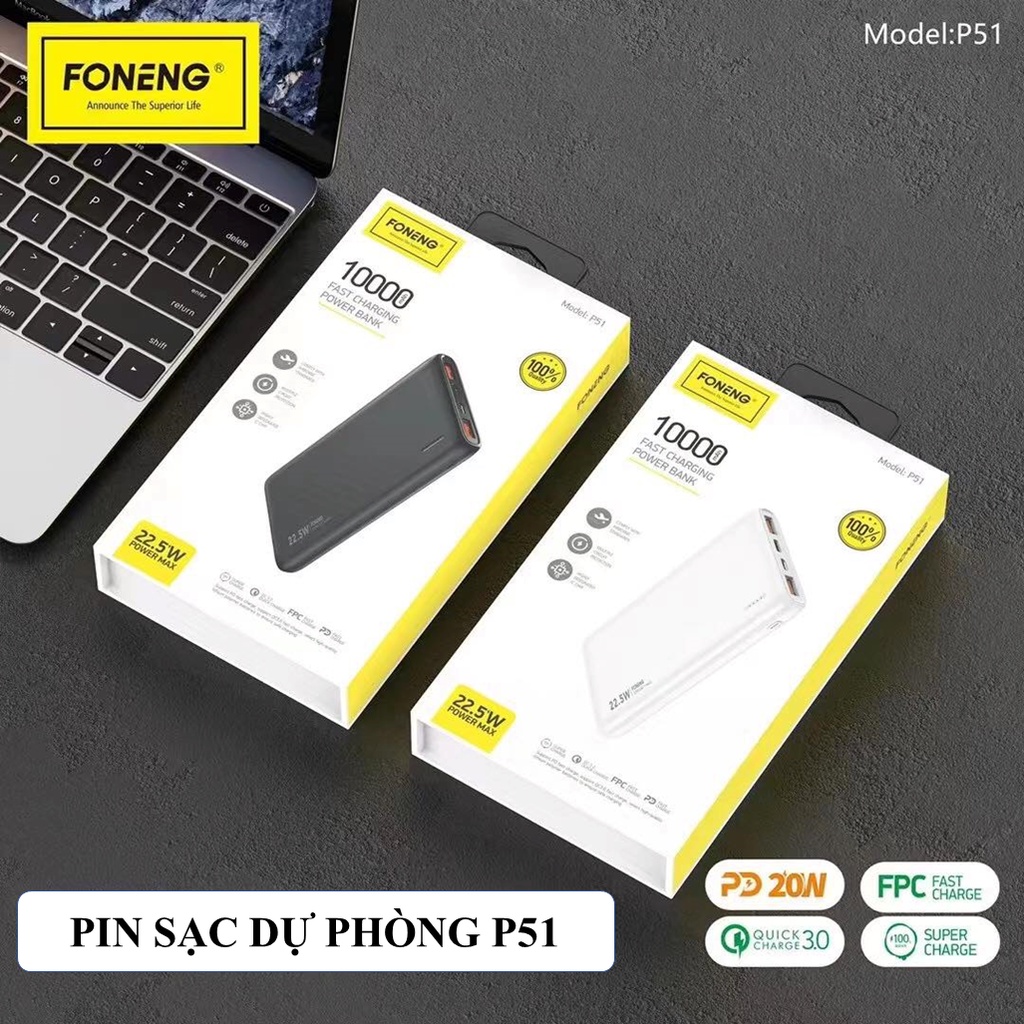 Sạc Pin Dự Phòng Foneng 10.000mAh P51- Sạc Nhanh PD 22.5W - Chính hãng Bảo Hành 12 Tháng