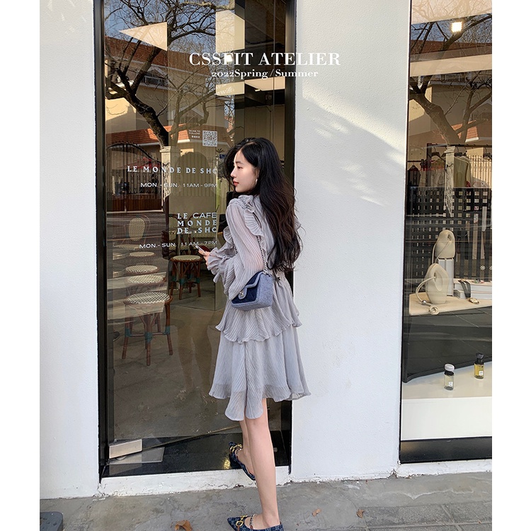 Váy chiffon xanh xám xuân hè