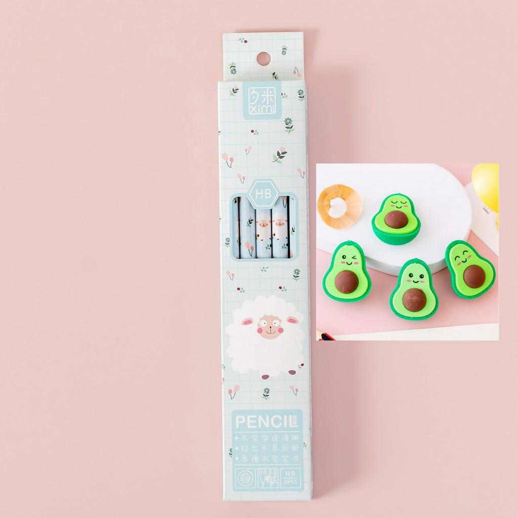 Combo Set 10 Bút Chì Gỗ HB Kèm Tẩy, Combo 10 Bút Chì HB Kèm Tẩy Họa Tiết Hoạt Hình Dễ Thương + Tẩy hình Quả Bơ