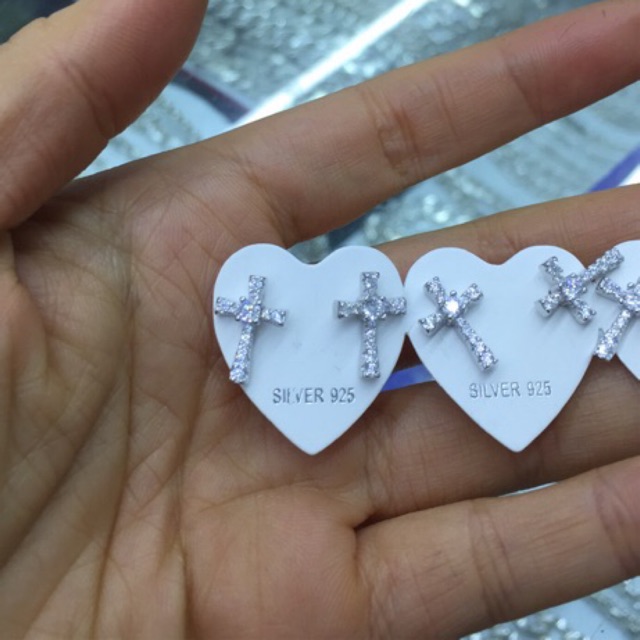 Khuyên tai T đính đá nhỏ nhân tạo bạc thật mạ vàng trắng (xi kim)