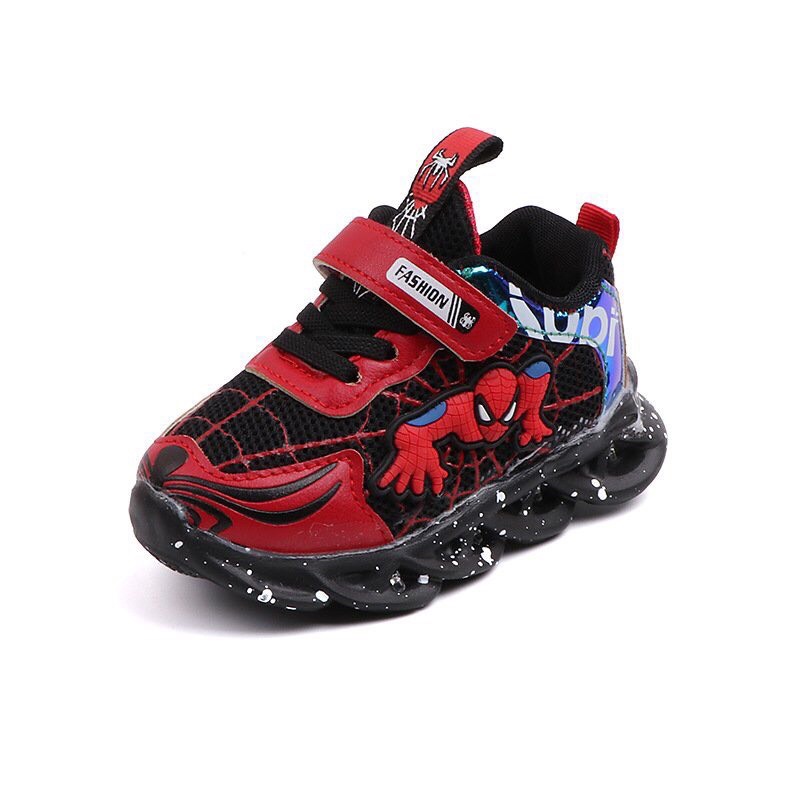 Giày thể thao spider man có đèn led nhấp nháy cho bé trai - Giày vải bé gái siêu nhân nhện đỏ, đế mềm nhẹ êm chân 98099