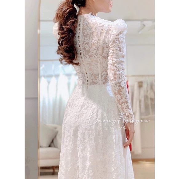 Áo dài  cưới cô dâu 4 tà ren xốp có đính kết như hình