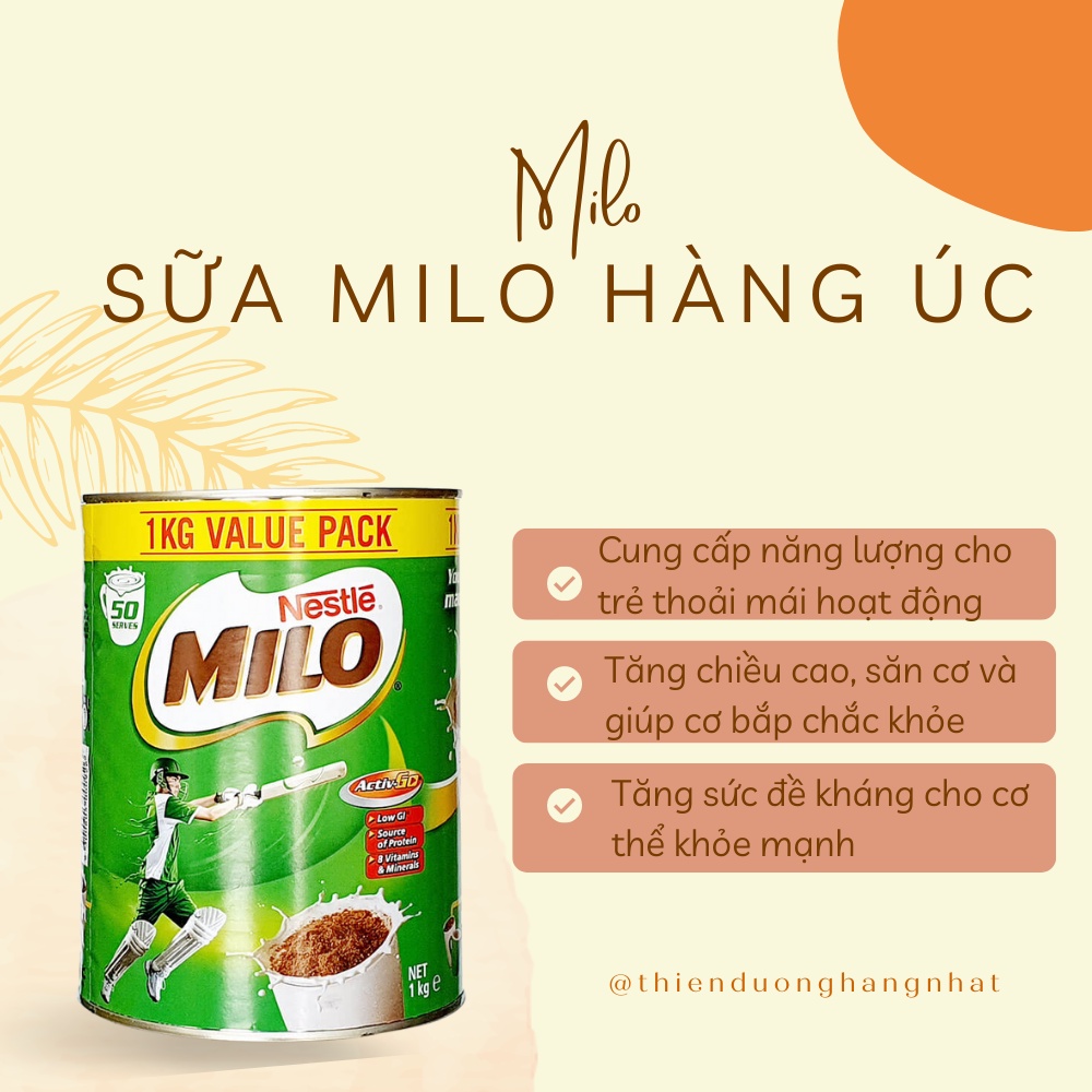 Sữa Milo hàng Úc, phát triển chiều cao vượt trội cho bé hộp thiếc trơn 1kg [Date T6.2024]