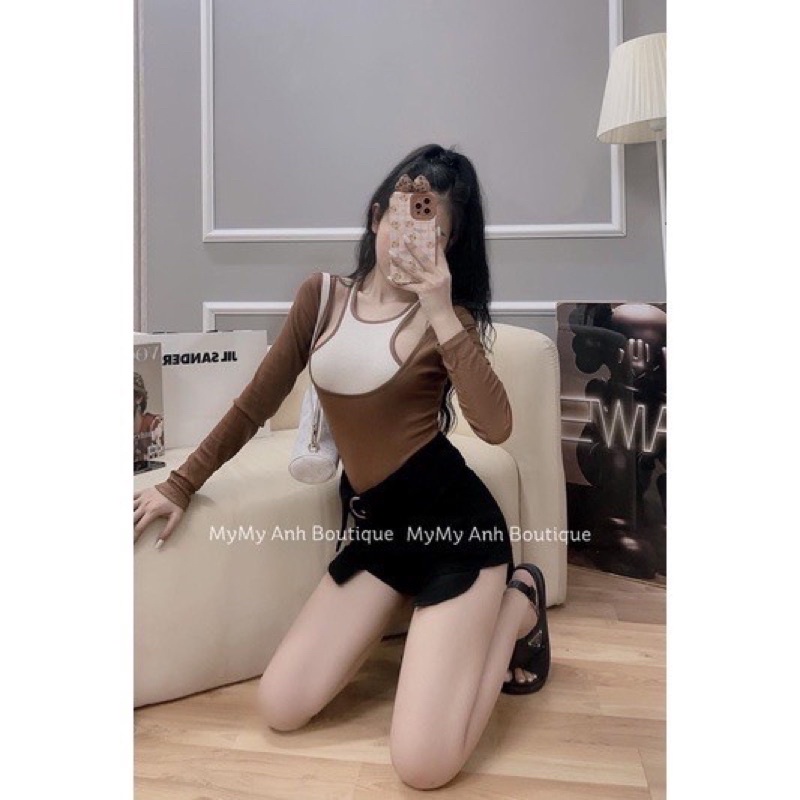 ÁO RỚT VAI CROPTOP TAY DÀI CHẤT GÂN BASIC