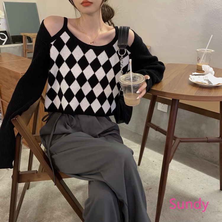 Áo dệt kim trễ vai tay dài kẻ sọc ca rô thời trang cho nữ