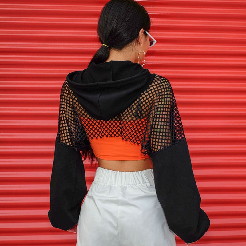 Brroa Áo Hoodie Croptop Tay Dài Phối Lưới Dây Rút Xuyên Thấu Ghép Nối Họa Tiết Tương Phản Cho Nữ
