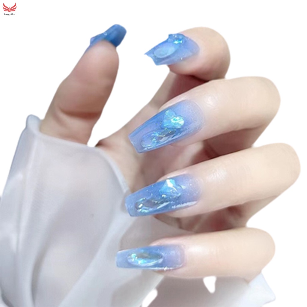 Bộ 24 Móng Tay Giả 3D Dáng Dài Màu Xanh Dương Bóng Trái Tim Dễ Xé Không Rách Phong Cách Pháp Cho Nữ