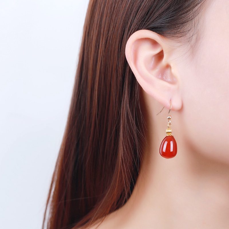 Bông Tai Mạ Bạc 925 Hình Giọt Nước Đá Mã Não Đỏ Tự Nhiên