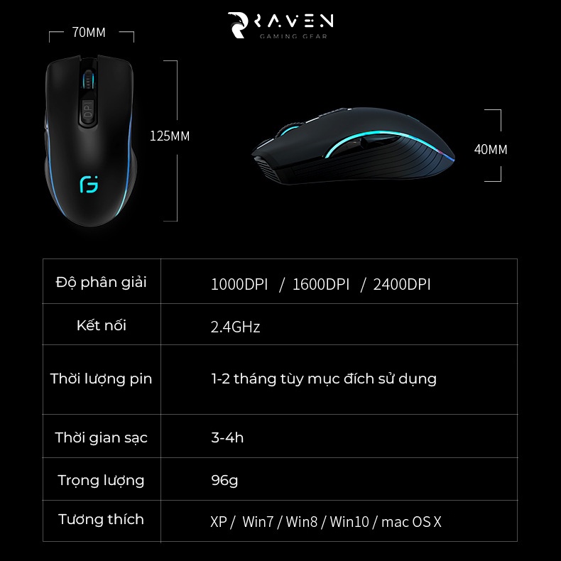 Chuột gaming không dây Ogurus X9, chuột máy tính không dây wireless pin sạc cho game thủ - Raven Gaming Gear