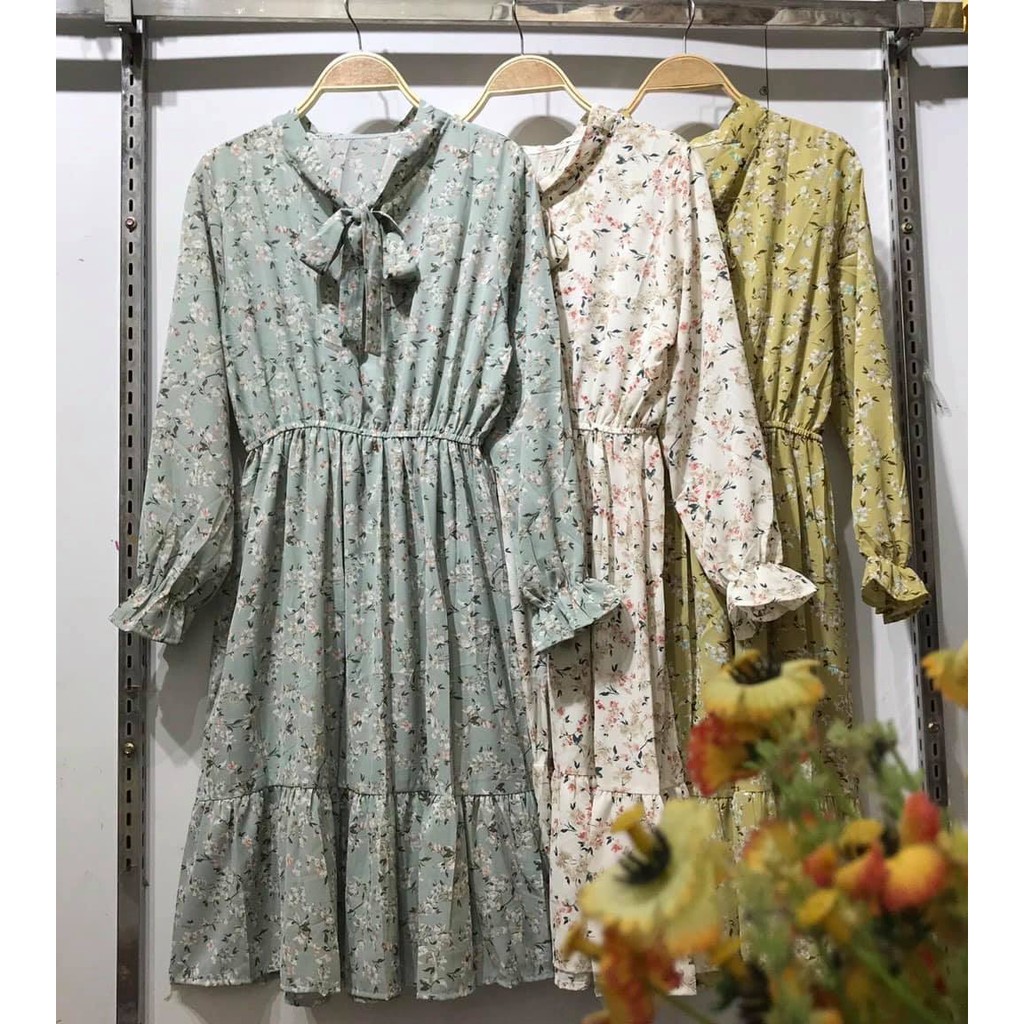 Váy hoa nhí dài tay thắt nơ - Váy vintage - Đầm thu đông - Cỏ Clothes