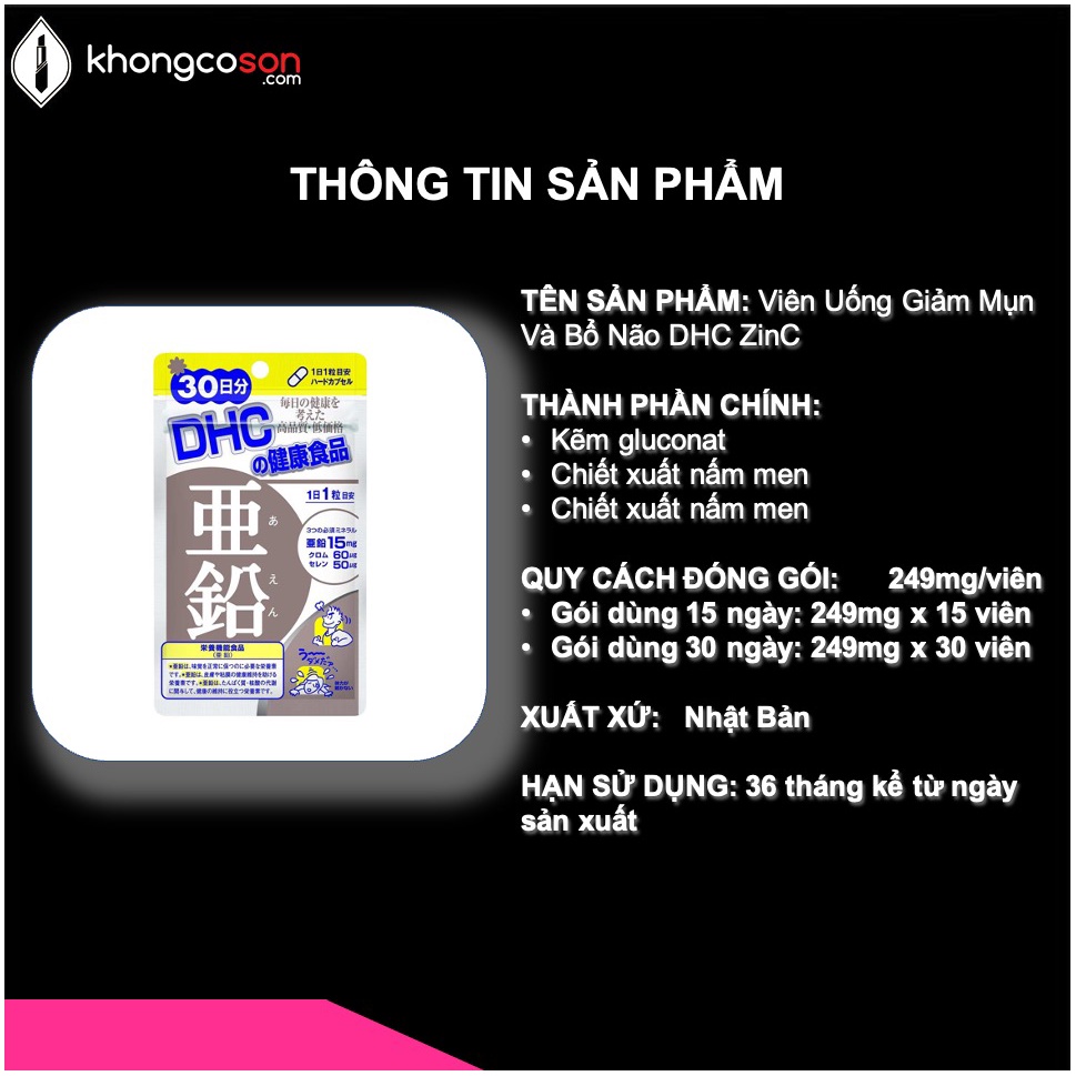 Kẽm DHC Viên Uống Giảm Mụn Và Bổ Não DHC ZinC 15 và 30 ngày -Khongcoson