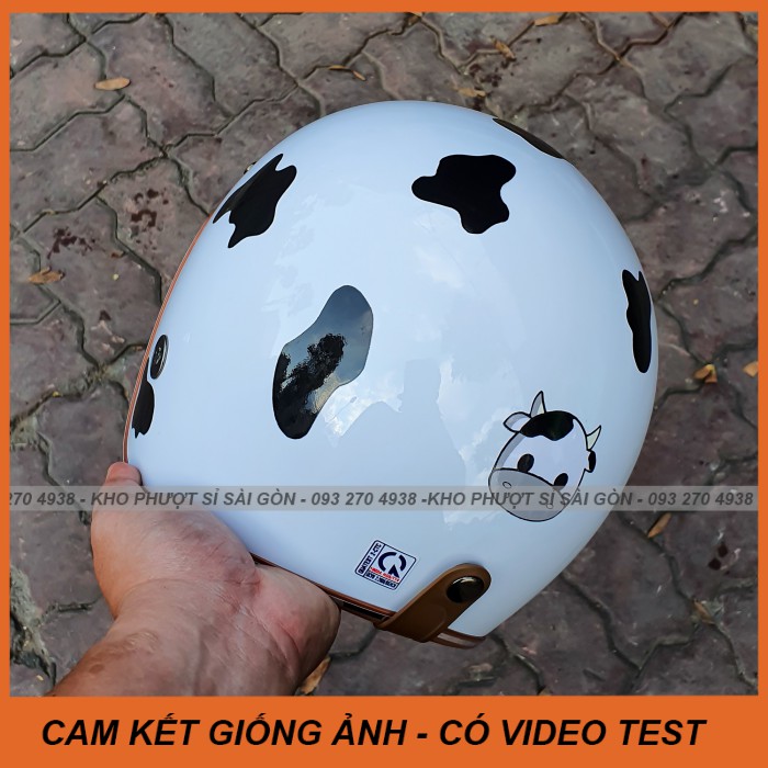 GIỐNG ẢNH -  Nón mũ bảo hiểm 3/4 trắng lót nâu kèm decal bò sữa đen Hà Lan chống nước - Mũ 3/4 đi phượt bò sữa đen