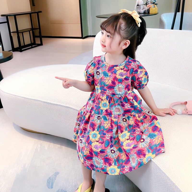 Váy bé gái có tay, hoạ tiết hoa to, dáng babydoll , thoáng mát, thấm hút mồ hôi tốt- M0051