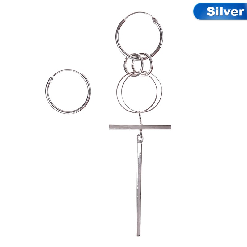 Khuyên tai dáng dài móc 3 hình tròn và 2 thanh dọc ngang độc đáo kèm khuyên tai bấm vòng tròn