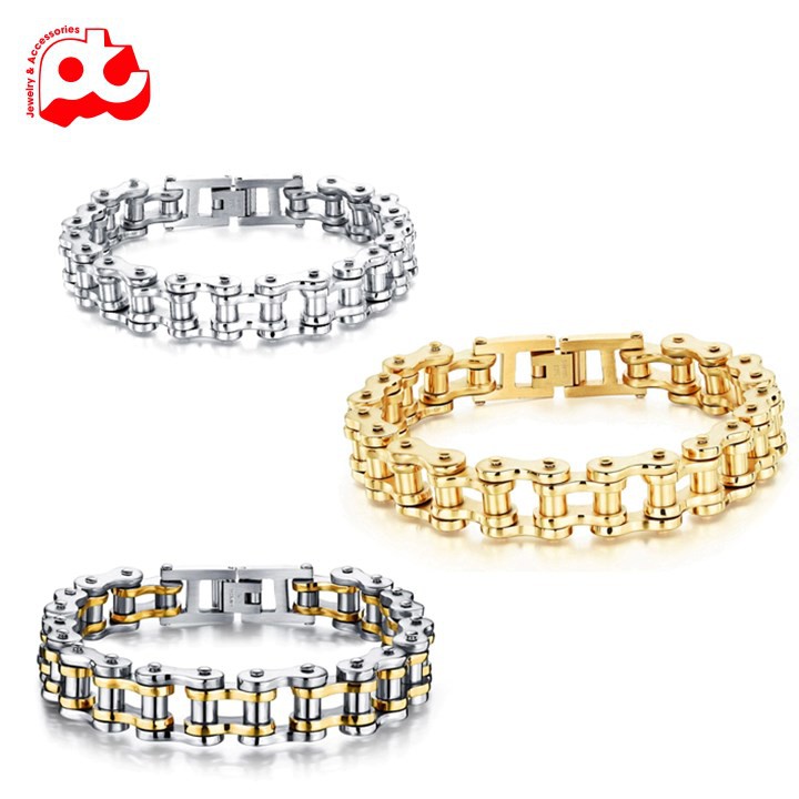 Lắc tay nam inox  kiểu dây sên xe độc đáo cá tính kích cỡ 12mm màu trắng mạ vàng cách điệu  thép không gỉ HSLTNA02