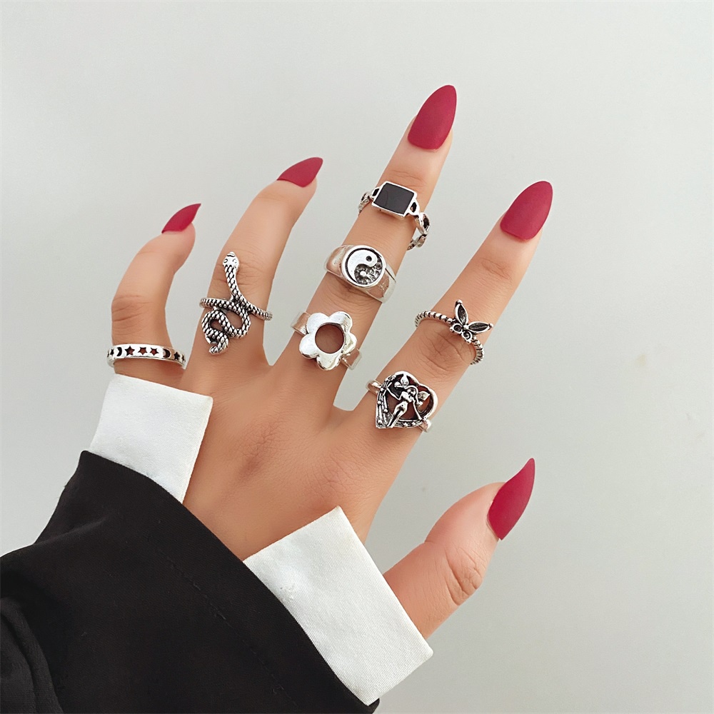 Bộ Nhẫn Thời Trang Mạ Bạc Hình Rắn/Bướm/Hoa/Đầu Lâu Phong Cách Gothic Cổ Điển Cho Nữ