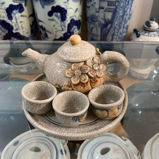 Bộ ấm chén cúng, ấm trà thờ cúng 3ly, 5ly Men rạn đắp nổi tỉ mĩ tinh xảo hàng chính hãng Bát Tràng