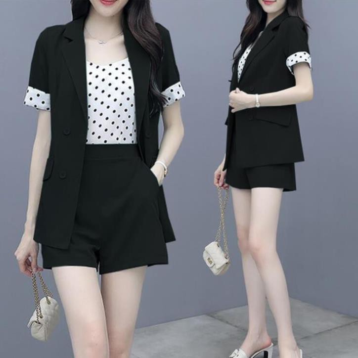 Bộ Vest Short 3 Món Phối Bi Cao Cấp - Set Vest Đùi Cotton Kèm Áo Lụa Chấm Bi Sang Trọng Cho Nàng Năng Động Sang Trọng | BigBuy360 - bigbuy360.vn