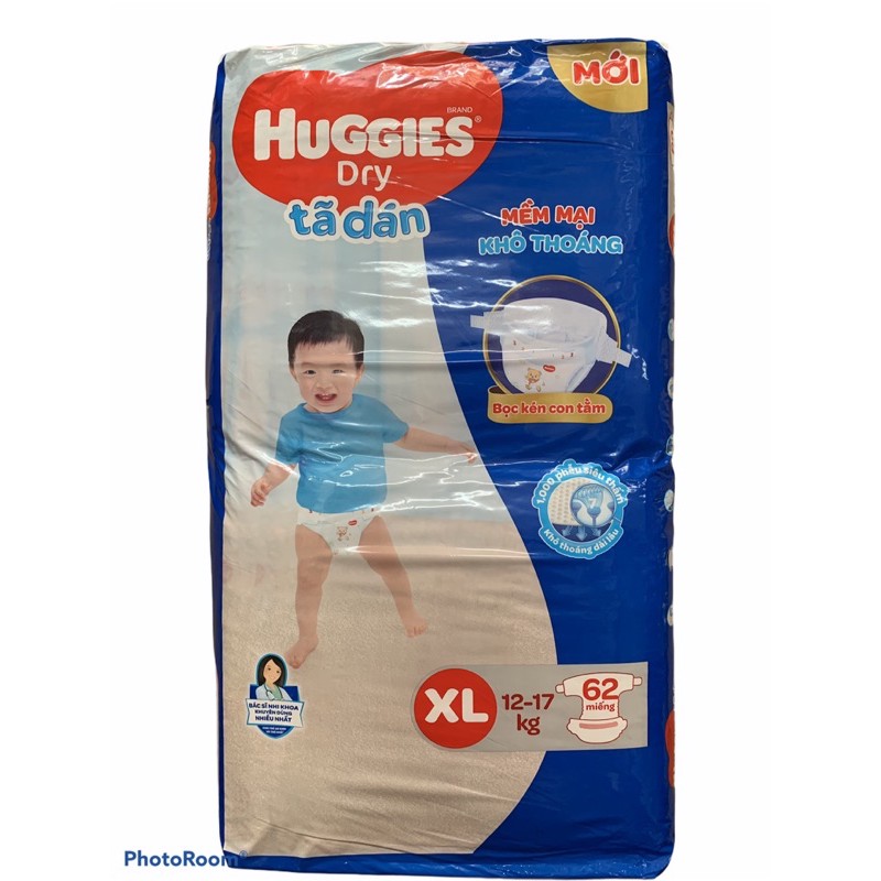 Tã Dán Huggies Dry Gói Cực Đại XL62 (62 Miếng) - Bao Bì Mới