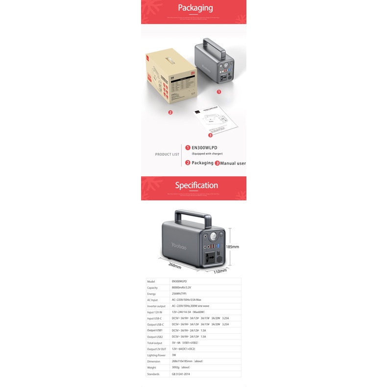Trạm sạc dự phòng Yoobao EN300WLPD dụng lượng siêu khủng 80000mAh cổng điện 220V/300W tích hợ đèn Pin phù hợp đi du lịch