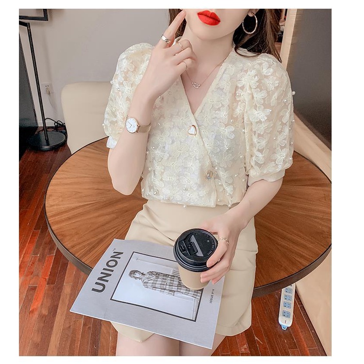 Áo chiffon Ngắn Tay Cổ Chữ v Phong Cách Phương Tây Thời Trang Mùa Hè Cho Nữ