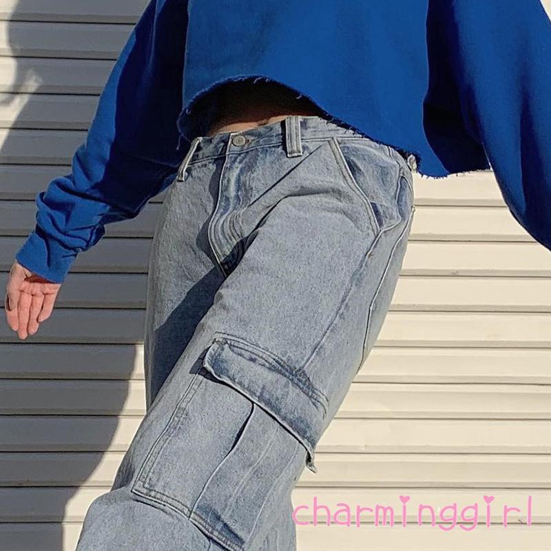 Quần jean ống rộng túi may lưng cao