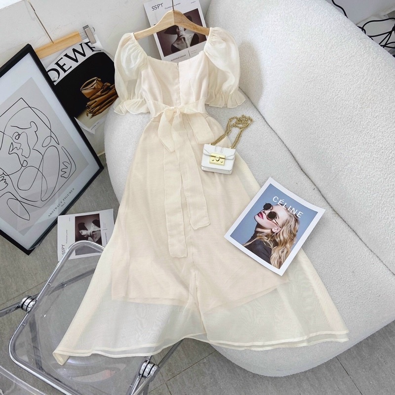 Đầm Midi Kem Xếp Ly Nhún Ngực Tay Bồng Thắt Nơ Lưng