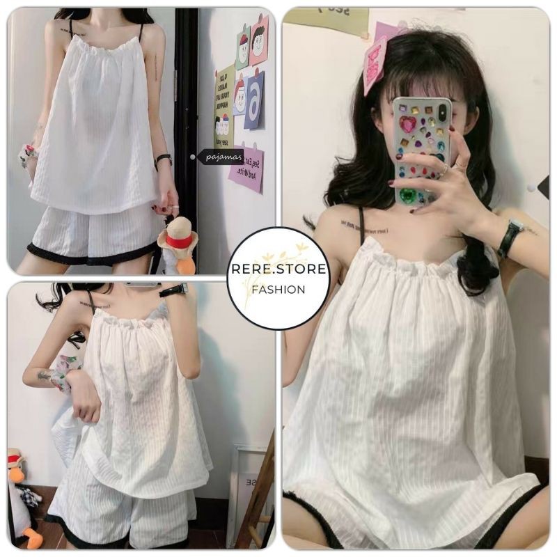 Set Đũi Nhăn Hai Dây Mặc Ở Nhà - Rere.Store [FREESHIP] - Bộ áo 2s thiết kế tùy chỉnh kèm quần short ống rộng viền đen