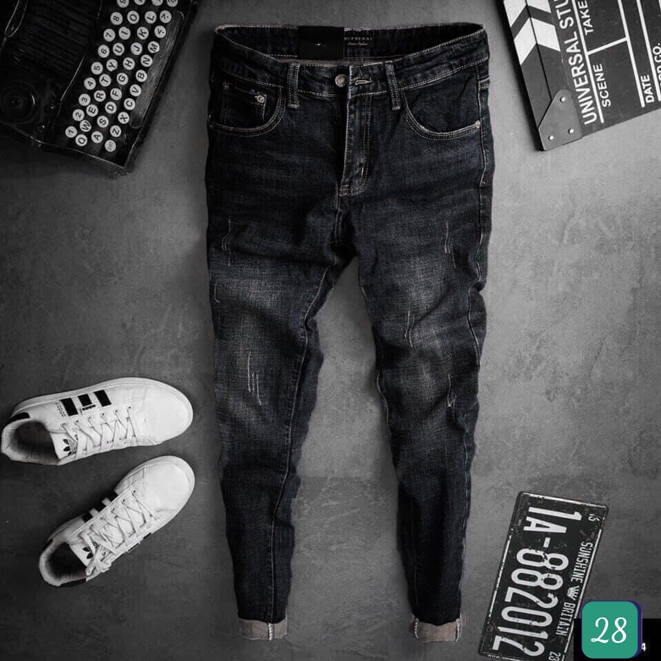 Quần Jeans Nam Chất Bò Rin Cao Cấp Xanh đen ránh xước Co Giãn Ống Côn Dáng Ôm Basic T32