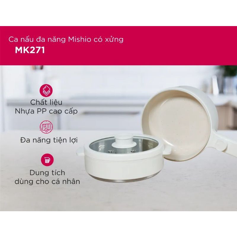 Nồi nấu điện đa năng Mishio 1.5L Xanh/Trắng MK271 kèm xửng hấp inox Bảo Hành 18 Tháng