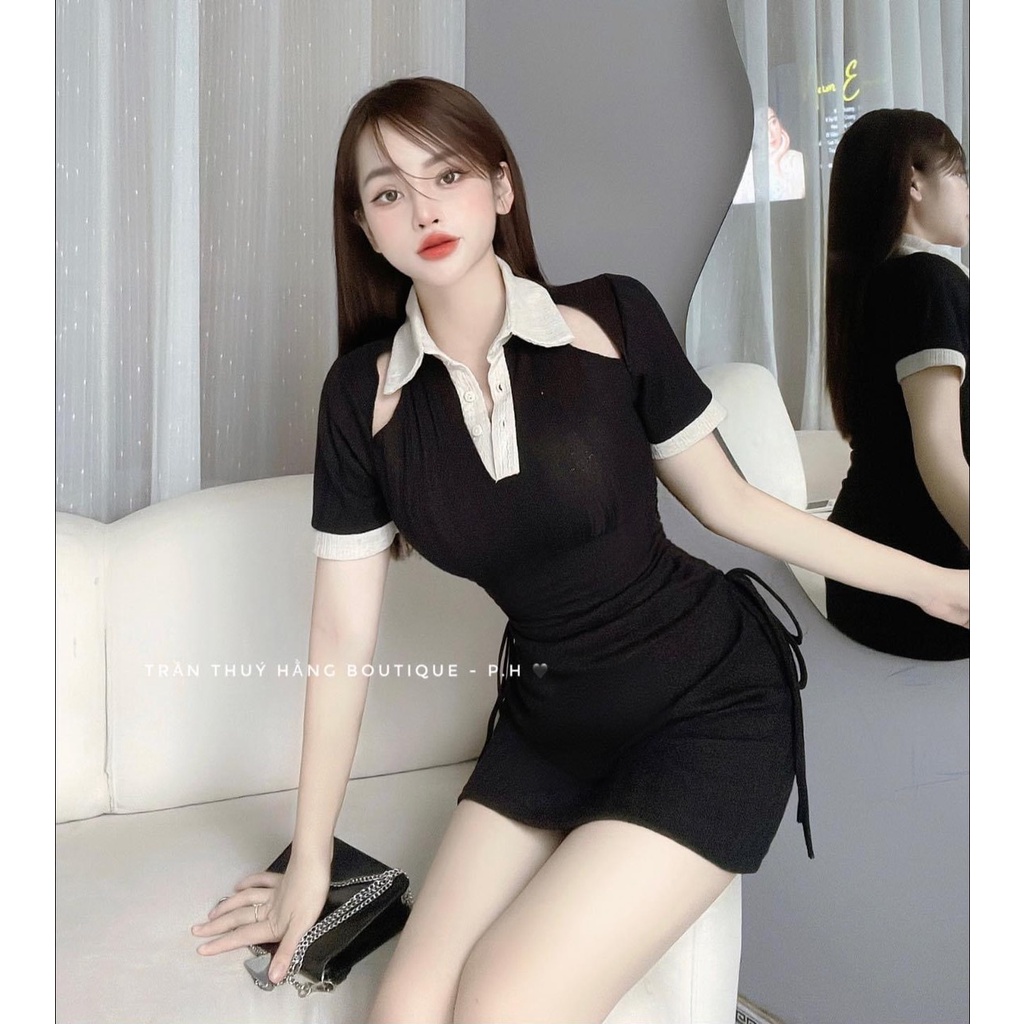 Đầm body cổ trụ polo rút hai bên
