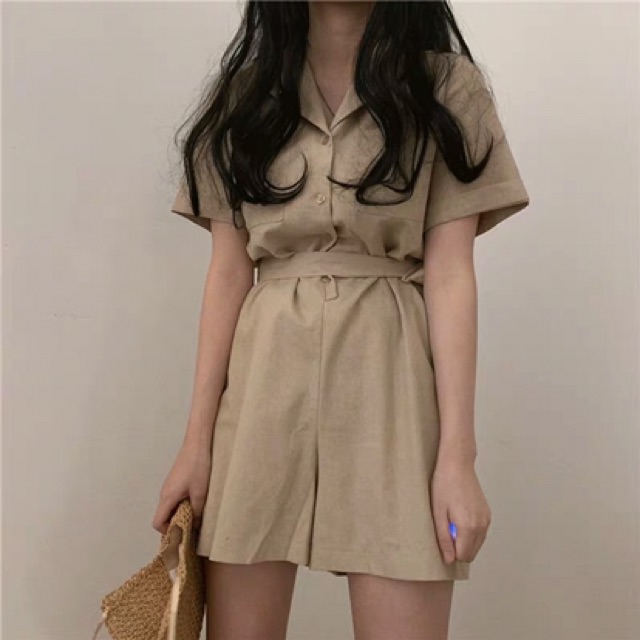 Bộ jumpsuit kaki cài cúc nơ eo | BigBuy360 - bigbuy360.vn