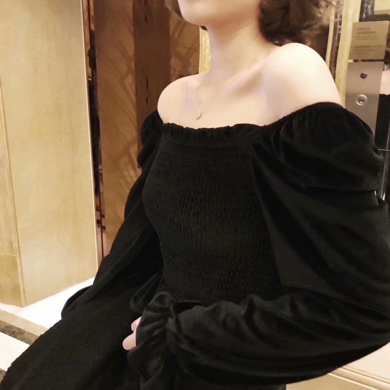 Áo trễ vai cỡ lớn nhung màu đen cổ vuông thời trang quyến rũ cho nữ