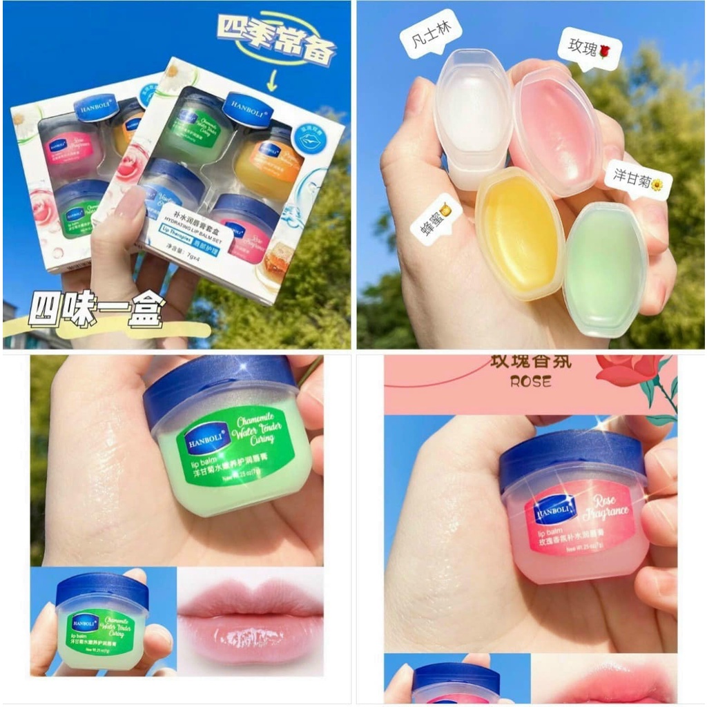 Vỉ 4 Hộp Sáp dưỡng môi Vaseline Rosy Lips giúp môi mềm mịn.