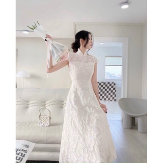 Đầm midi gấm cánh tiên cổ tàu