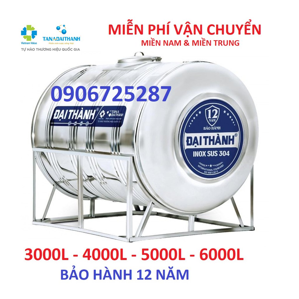 Bồn nước inox304 nằm Đại Thành 3000L-6000L, Bảo hành 12 năm