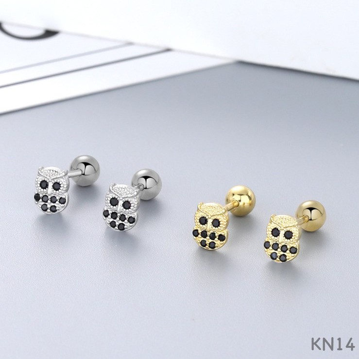 Khuyên tai nam nữ bạc mặt cú mèo đính đá chốt tròn bi vặn mạ vàng cá tính, cực ngầu | HARMONY ACCESSORIES KN14