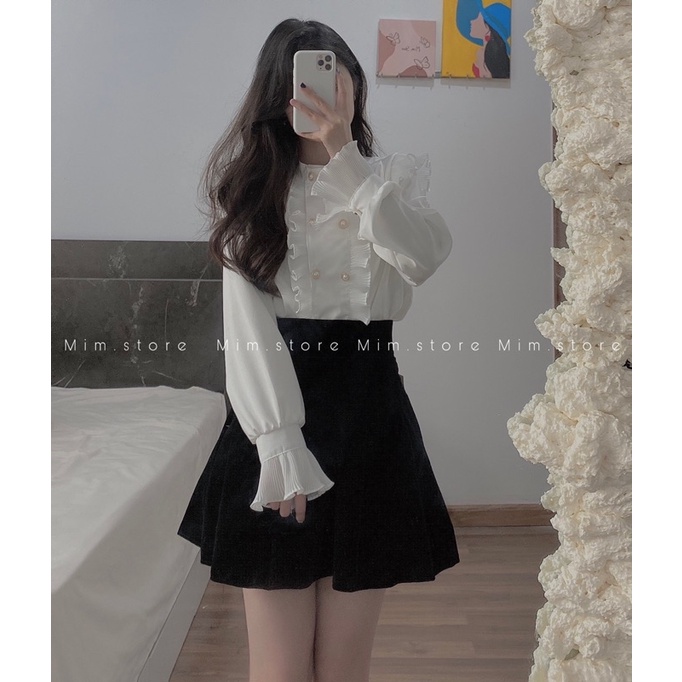Áo sơ mi phối bèo cúc ngọc tiểu thư
