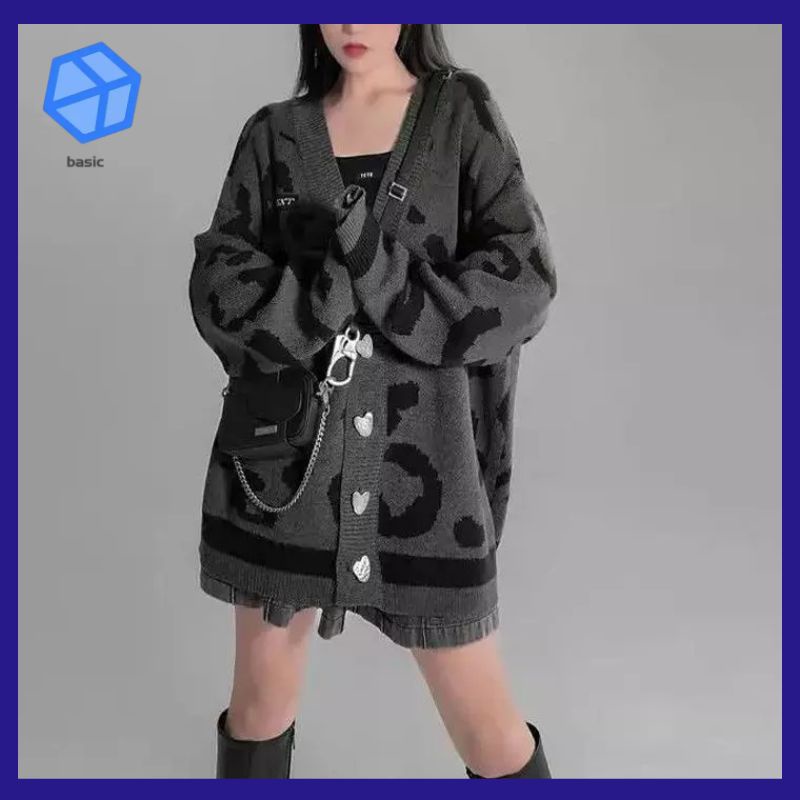 Áo Khoác Cardigan Dệt Kim Dáng Rộng Cổ Chữ v In Họa Tiết Da Báo Lớn Màu Xám Preppy Dễ Phối Đồ Phong Cách Xuân Thu