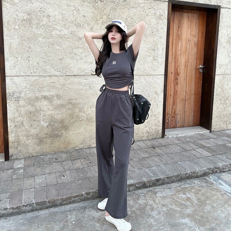 Set đồ COZOKC gồm áo thun ngắn tay và quần dài ống rộng thời trang cho nữ