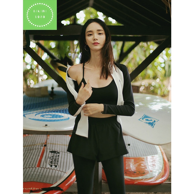 Bikini, Bộ Đồ bơi nữ áo tắm dài tay phối trắng quần dài 5 mảnh học bơi,đi lặn biển dáng năng động,cá tính cao cấp
